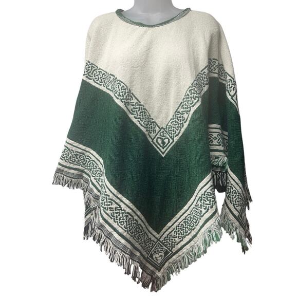 Loomcroft Irish Celtic Knot Green Cream Reversible Knit Blanket Poncho One Size - Picture 1 of 4